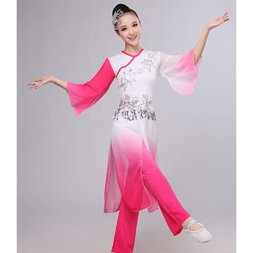 Women's gradient Chinese folk dance costumes classical traditional female green blue pink fan yangko performance costumes dresses